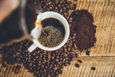 High angle view of coffee beans on table