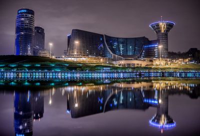 Reflection of illuminated buildings in water