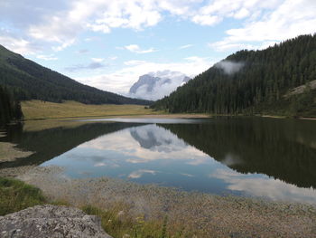 Scenic view of lake and mountains against sky