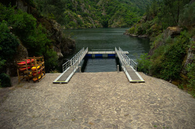 Bridge over river against trees