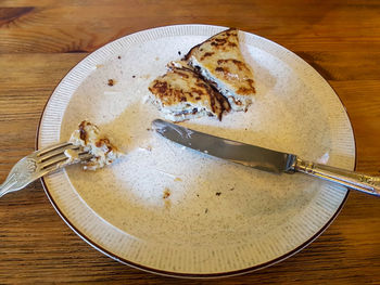 High angle view of bread in plate on table