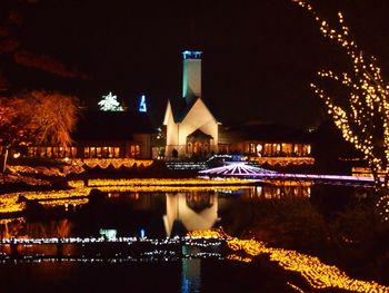 Reflection of illuminated buildings in water