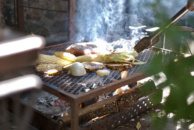 Close-up of food on barbecue grill