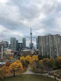 View of buildings in city against cloudy sky