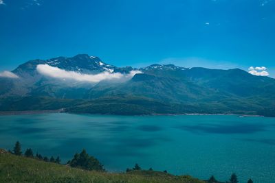 Scenic view of lake against mountain range