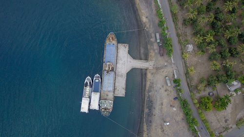 High angle view of ship on sea shore