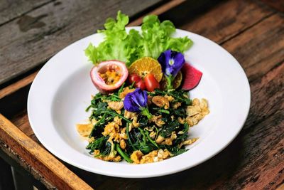 High angle view of meal served on table