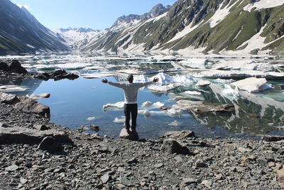 Scenic view of snowcapped mountains and lake against sky