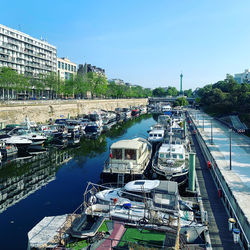 High angle view of boats moored at harbor