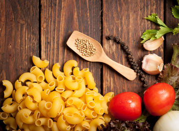 Close-up of fruits and vegetables on wood