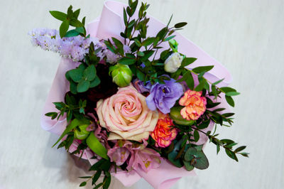 High angle view of rose bouquet on table