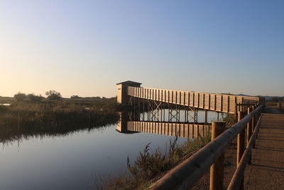 Scenic view of lake against clear sky during sunset