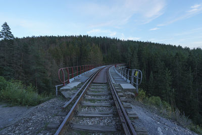 Railroad tracks amidst trees against sky