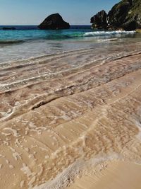 Surface level of beach against sky