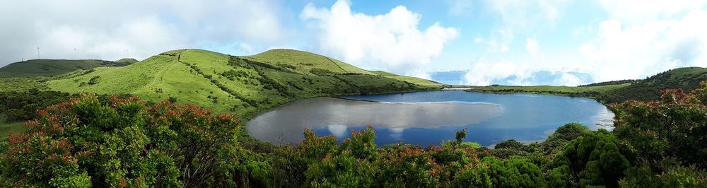 Panoramic view of lake and mountains