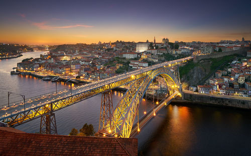 Illuminated bridge over river in city