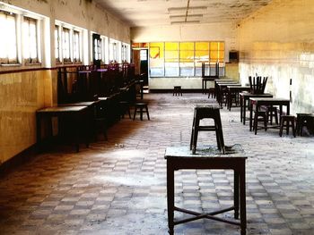 Empty chairs and tables in restaurant