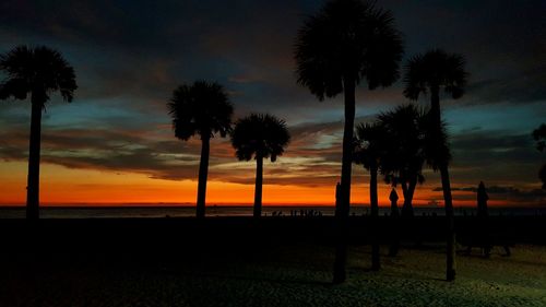 Silhouette palm trees on beach at sunset