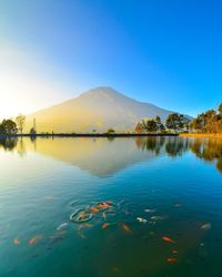 Scenic view of lake against blue sky