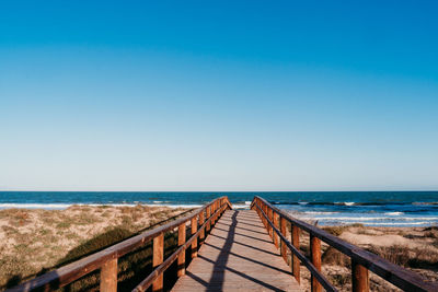 Scenic view of sea against clear blue sky