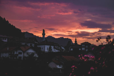 High angle view of townscape against sky at sunset