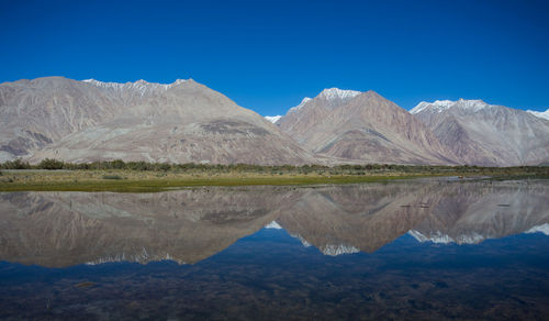 Reflection of mountains in lake against blue sky