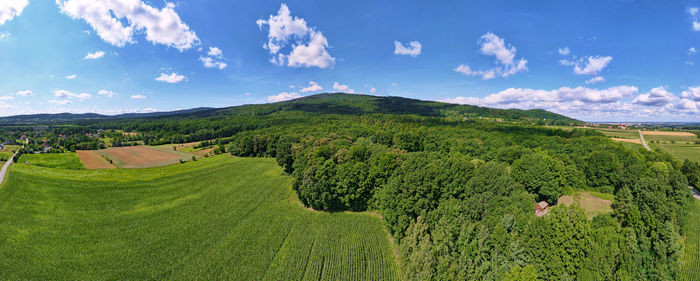 Aerial view of agricultural and green fields in countryside