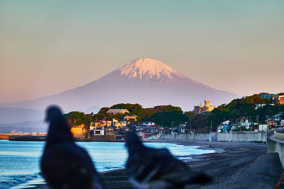 Scenic view of beach and snowcapped mountains against clear blue sky in the morning