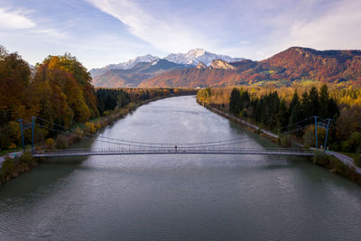 Scenic view of lake by mountains against sky