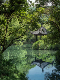 Scenic view of gazebo by lake amidst trees at park