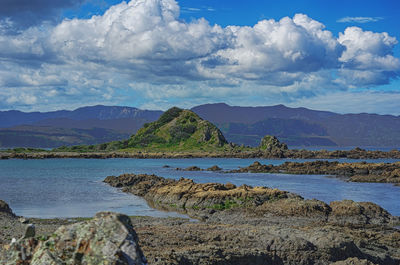 Scenic view of lake against cloudy sky