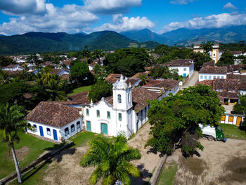 High angle view of buildings in town