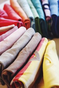 High angle view of sweaters on display at store