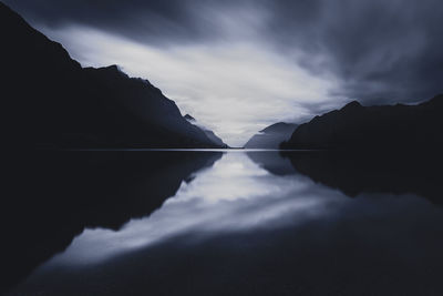 Scenic view of lake by silhouette mountain against sky