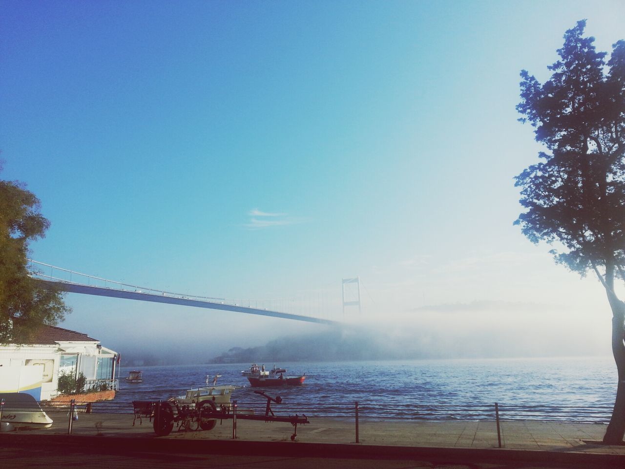 sea, water, horizon over water, tranquility, tranquil scene, sky, tree, scenics, blue, beach, beauty in nature, nature, copy space, clear sky, incidental people, idyllic, shore, outdoors, transportation, day