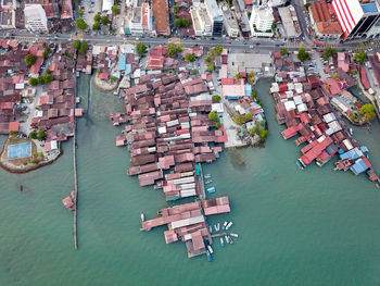 High angle view of boats in harbor