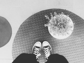 Low section of man wearing canvas shoes standing by potted plant on footpath