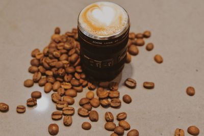 High angle view of coffee beans on table