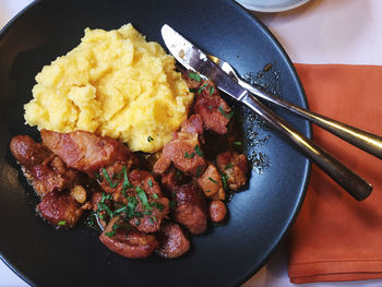 High angle view of pork dish served in plate