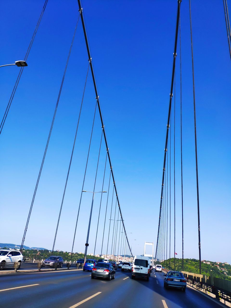 VIEW OF SUSPENSION BRIDGE AGAINST CLEAR SKY