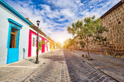 Street amidst houses against sky in city