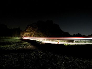Car on illuminated trees against clear sky at night