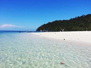 Scenic view of beach against clear blue sky
