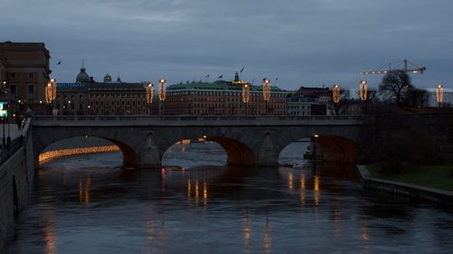 Bridge over river with city in background