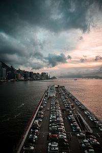 High angle view of city at sunset