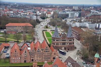 High angle view of buildings in city