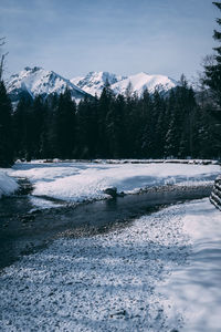 Scenic view of frozen lake by snowcapped mountains against sky