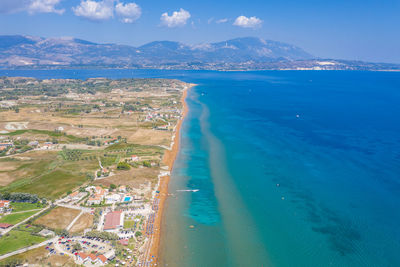 High angle view of beach against blue sky
