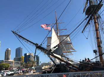 Low angle view of sailboat against clear sky