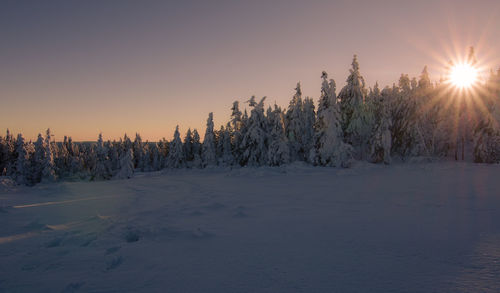 Scenic view of snow covered landscape against sky during sunset